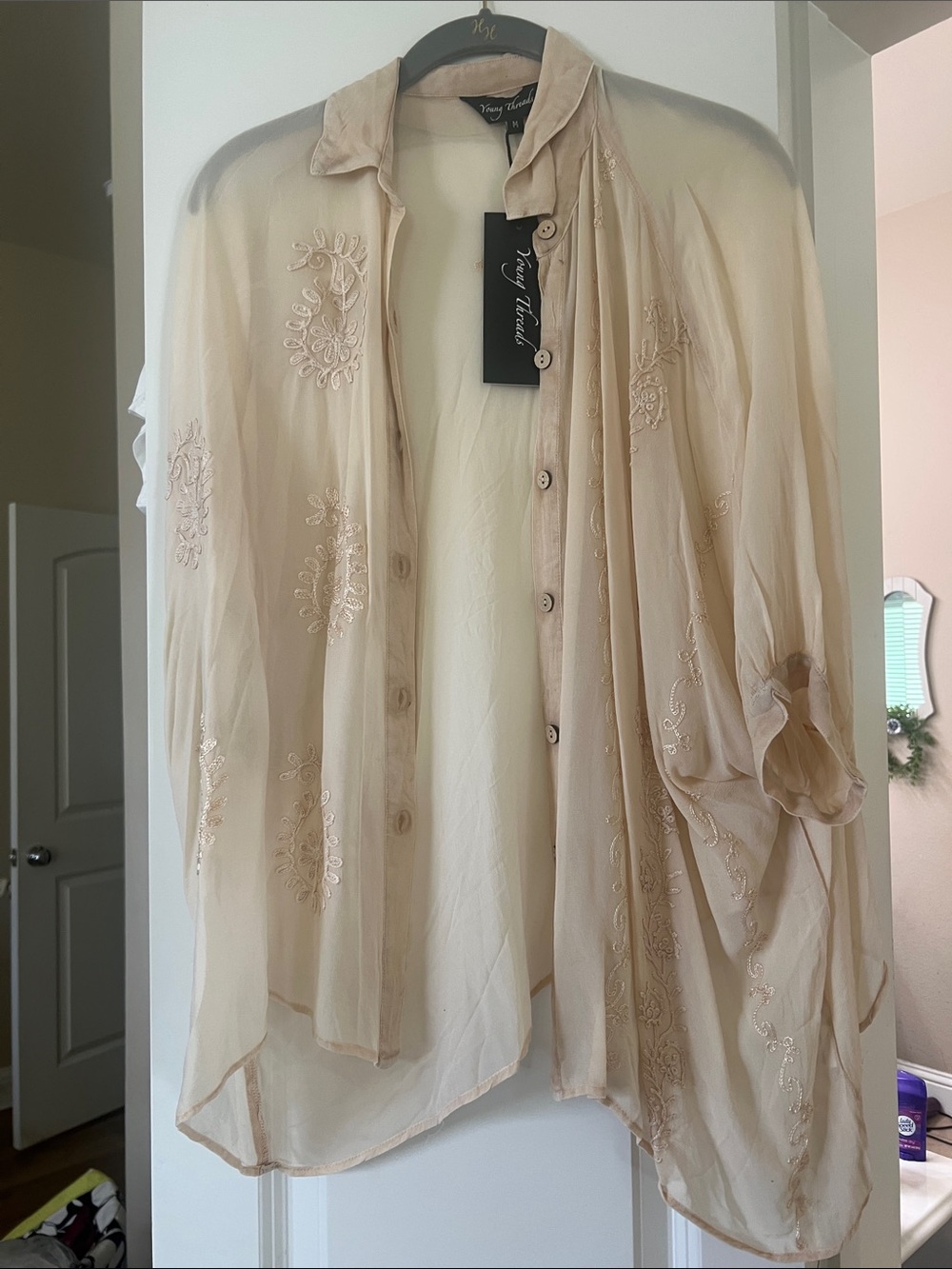 Very Very Sheer Embroidered Button-Down Shirt - Beige